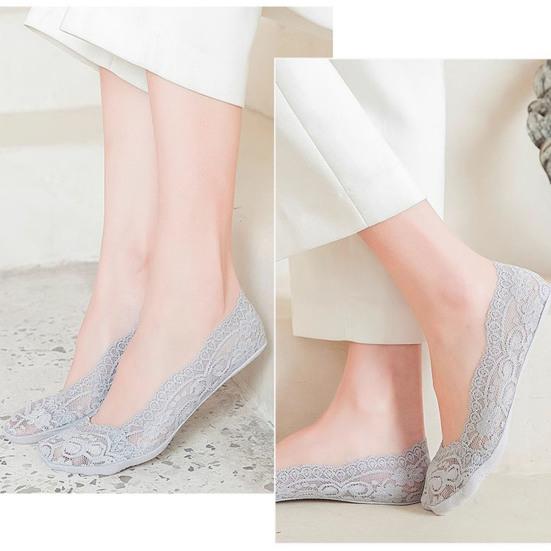 5 Paar Damen Spitzensocken Kurz geschnitten Flach Unsichtbar Hohe Absätze Füßlinge Einfarbige Hohe Elastizität Anti-Rutsch Schweißabsorbierend Schrumpffest