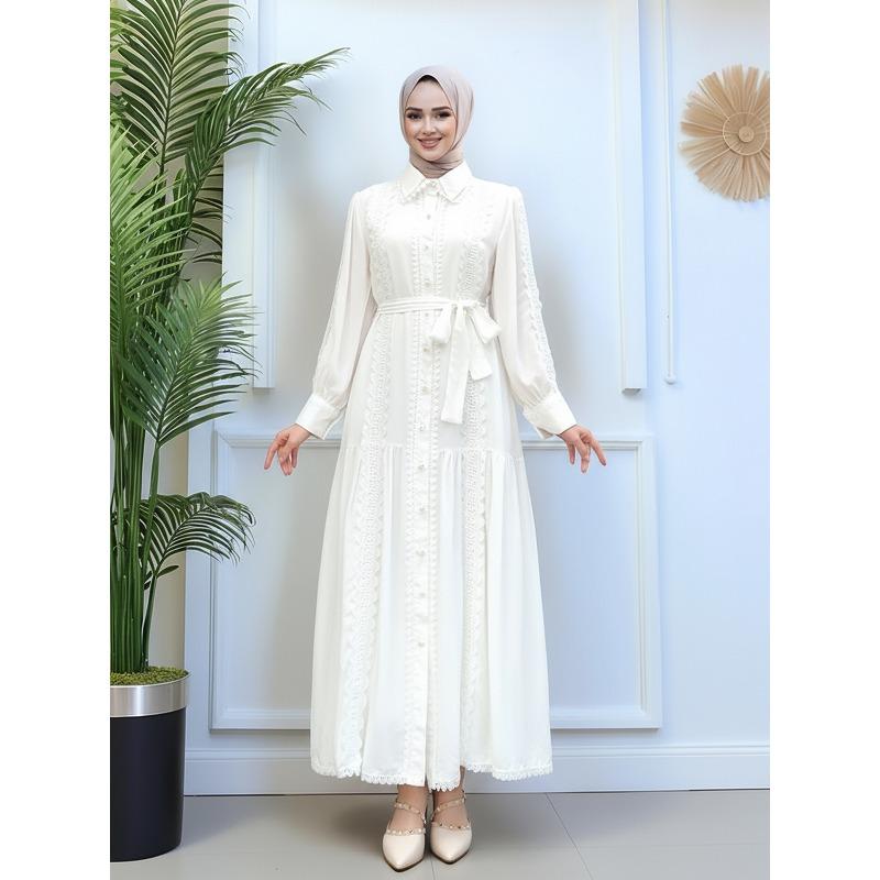 Spot dress women s lapel new lace splicing waist pendulum dress S