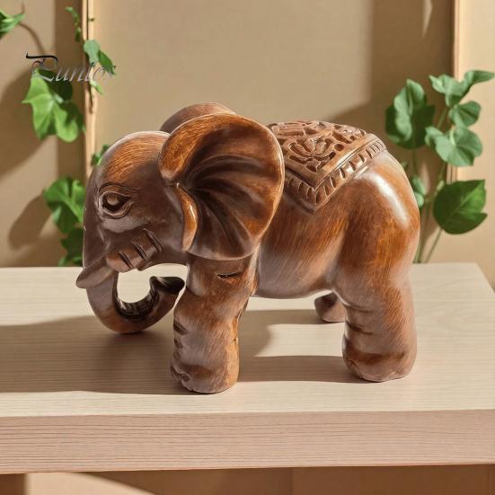 Housewarming Gift for Friends Elephant Figurine Ornament, Resin Wood Grain Statue, Auspicious Compact Shelf Statue Animal Sculpture Home Office Living