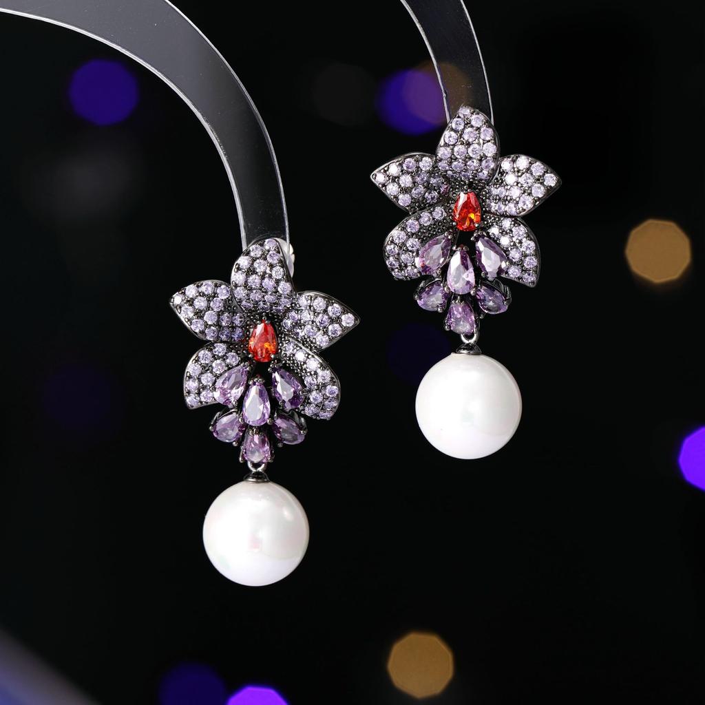 New Elegant Silver Needle Earrings Flower Blossom Rich Light Luxury High Sense Zircon Flower Pearl Earrings