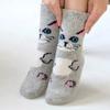 2Pairs Cartoon Cat Wool Socks for Women Thick Soft Warm Mid Tube Socks Winter Fleece Terry Loop Socks Outdoor Sports Gray