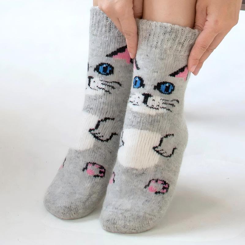 2Pairs Cartoon Cat Wool Socks for Women Thick Soft Warm Mid Tube Socks Winter Fleece Terry Loop Socks Outdoor Sports Gray