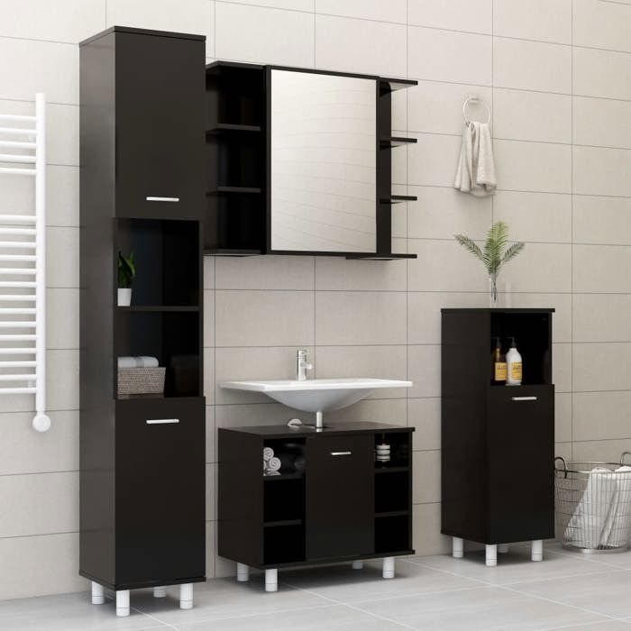 Ensemble de meubles de salle de bain - VIDAXL - 4 pcs - Noir - Aggloméré haut de gamme - Chic