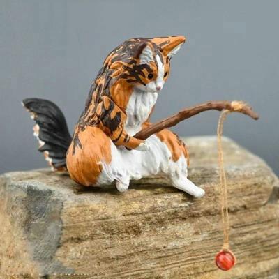 Blomkruka Katt Hängande Dekoration Bonsai Lätt att Använda Akvarium Prydnader Kattstaty Miniatyrfigurer Kattunge Fiskande Ornament