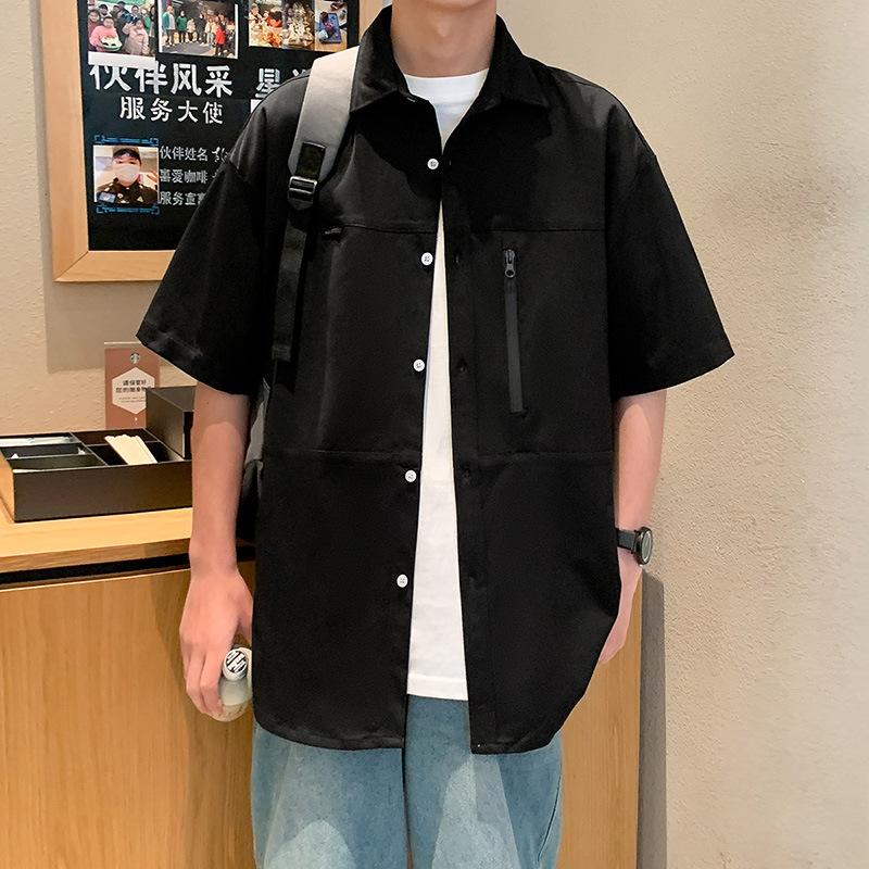 

Повседневная однотонная мужская рубашка с карманом на молнии с коротким рукавом L