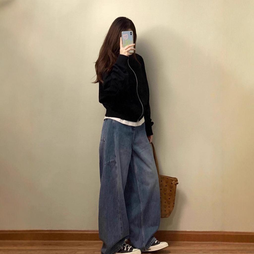 Women's Long Sleeve Jacket Baseball Collar Korean Casual Bomber Jacket Solid Color Zip-Up Lightweight Cropped Outerwear for Early Autumn