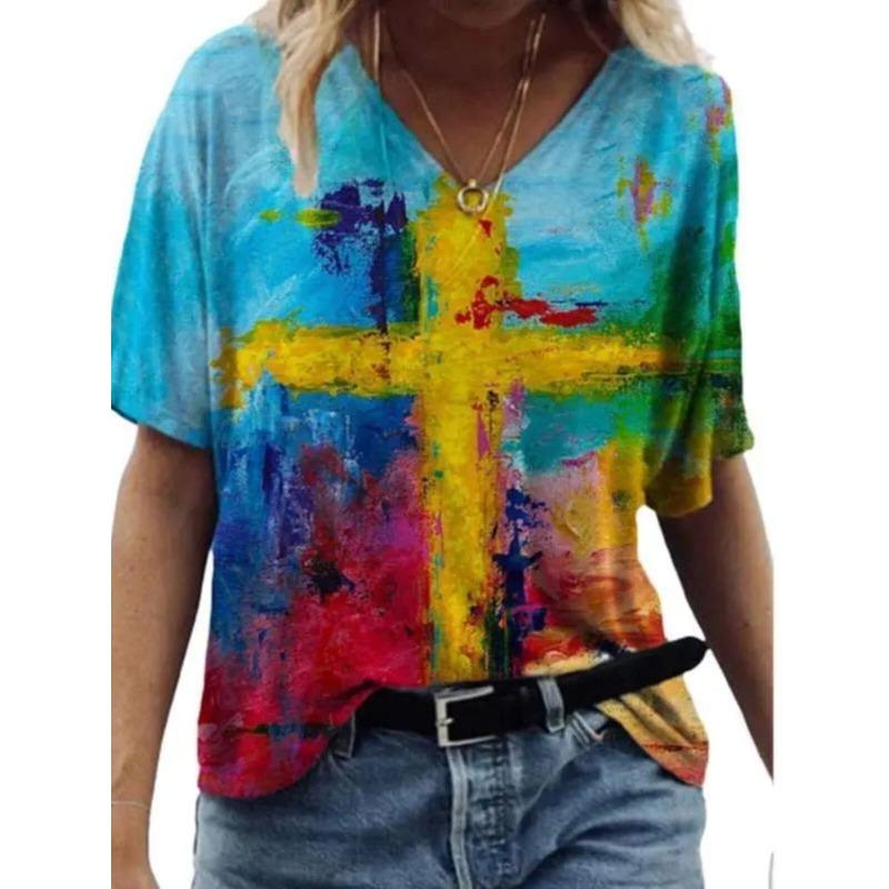 3D Printed Loose V-neck T-shirt Forwomen Women 3D Print Loose V Neck T-shirt S