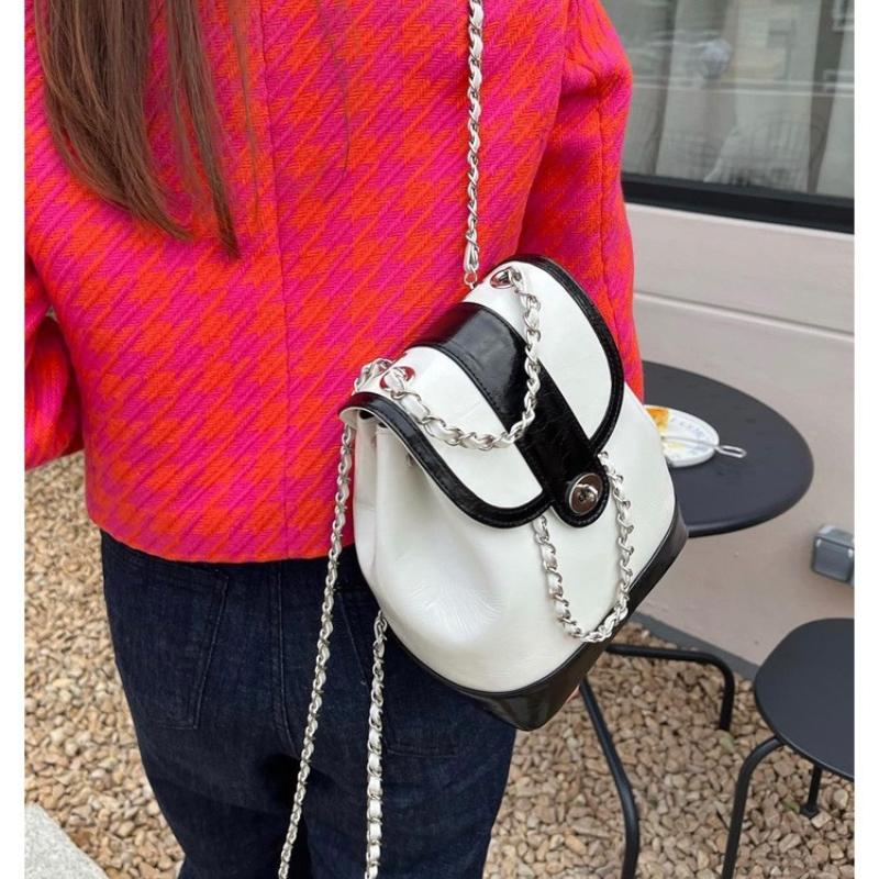 Street Fashion Cool Oil Wax Leder Bucket Handtaschen Kontrastfarbene Autonähte und Metallkettenschloss Diebstahlsichere Taschen Schultern und Umhängetaschen