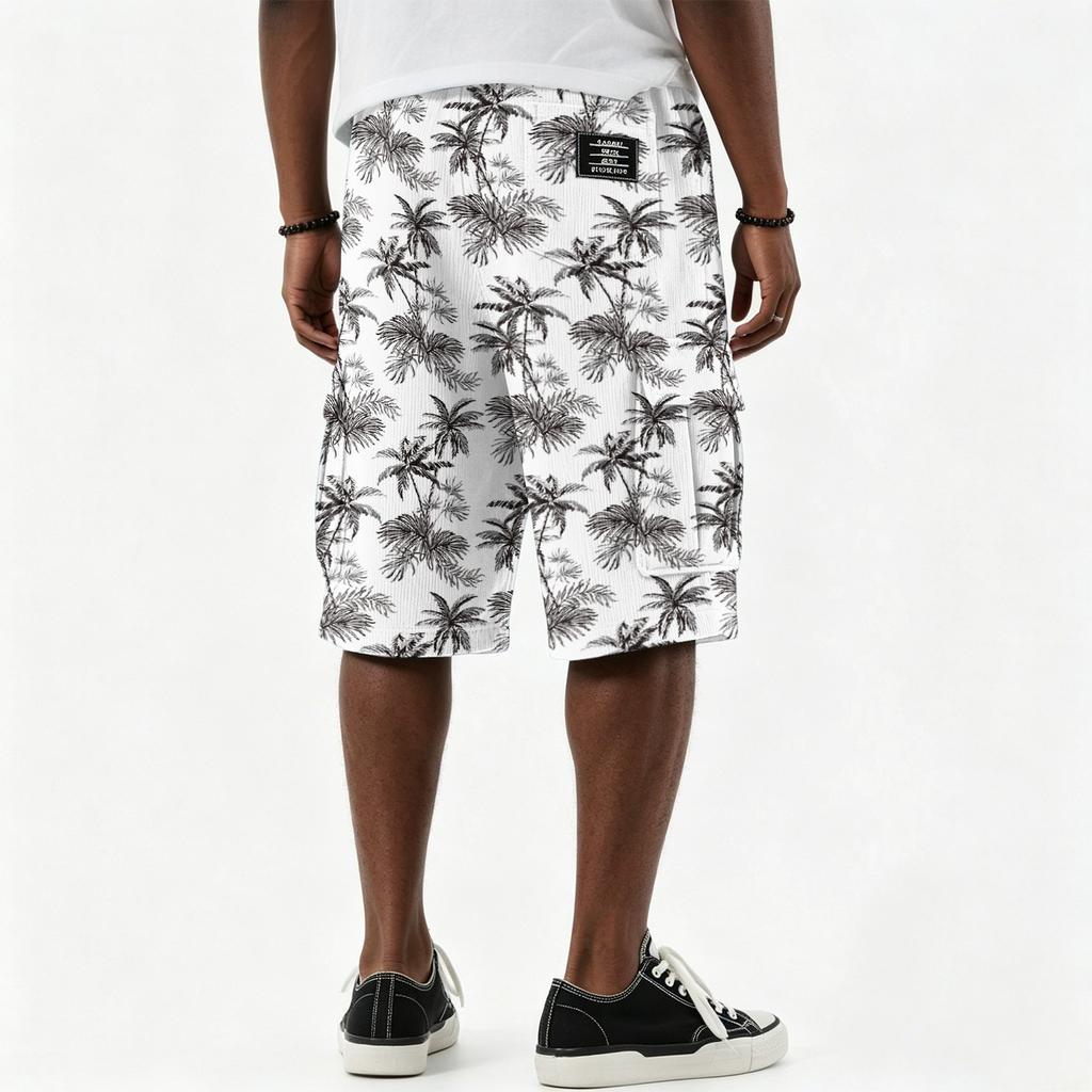 Men's Hawaiian Print Drawstring Knee Length Shorts with Multiple Pockets, Casual