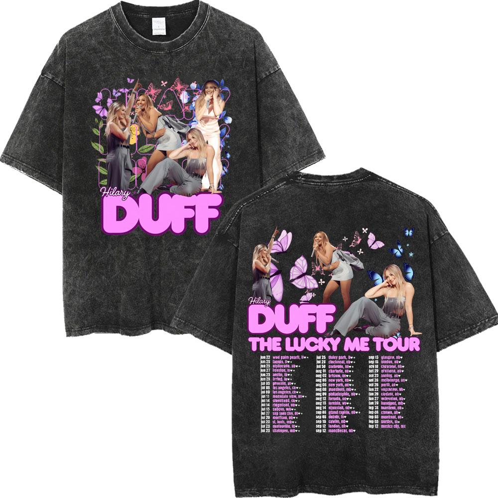 Hilary Duff The Lucky Me Tour Vintage Washed Tshirt Fashion Aesthetic Short Sleeve Tshirts Men Women Casual Loose T Shirt
