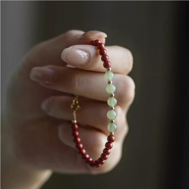 Natural Hetian Jade and Cinnabar Bracelet Pure Silver Bead Bracelet in New Chinese Style