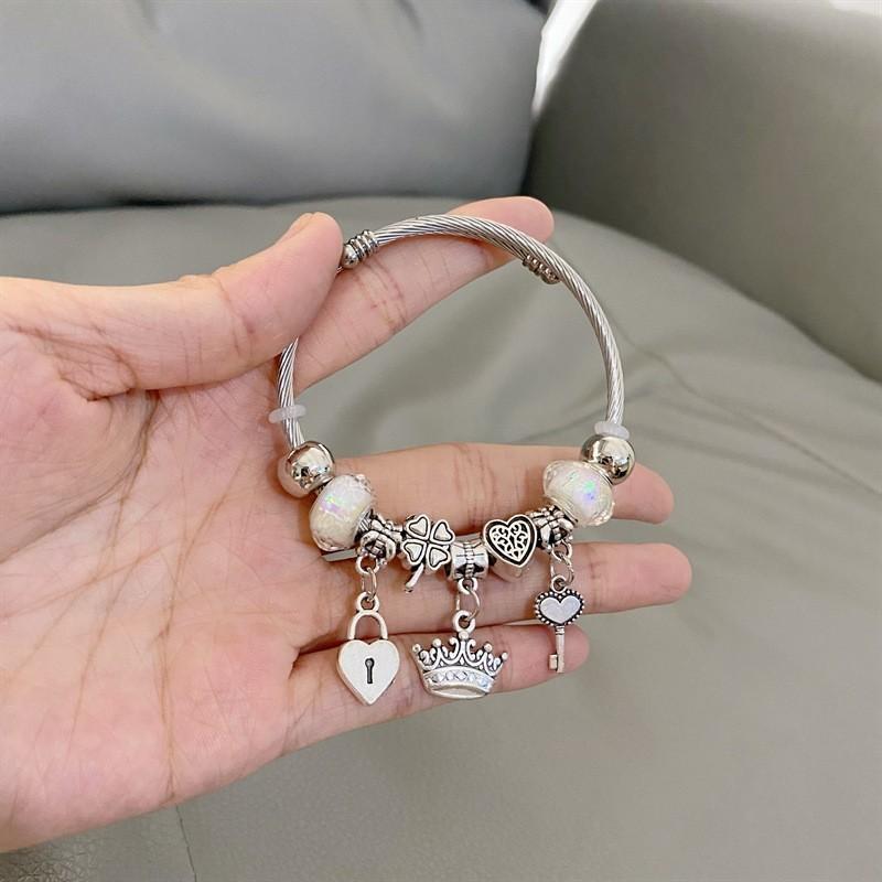 No Ip Stainless Steel Heart Crown Bracelet With Fluorescent Beads For Girls And Teens