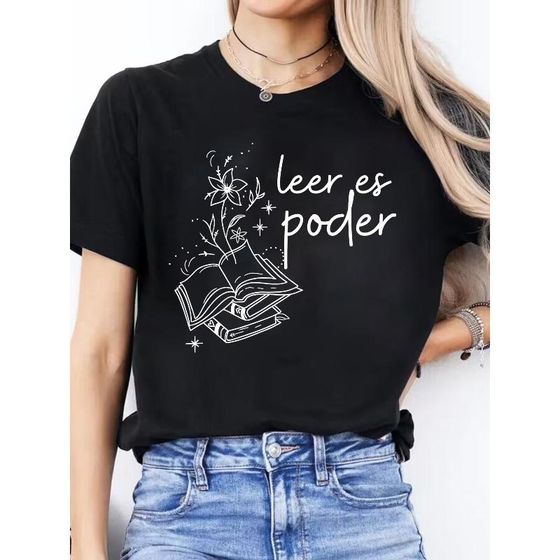 Women's Spanish Alphabet - Print T-Shirt - Spanish Language Learning, Casual Short Sleeve Round Neck Blouse for Spanish Class & Casual Attire
