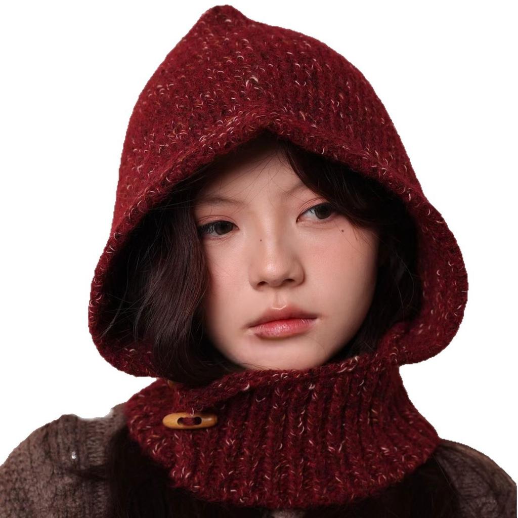 Retro high-end big head circumference balaclava hat clip flower knitted ear protection hat winter new scarf integrated tide