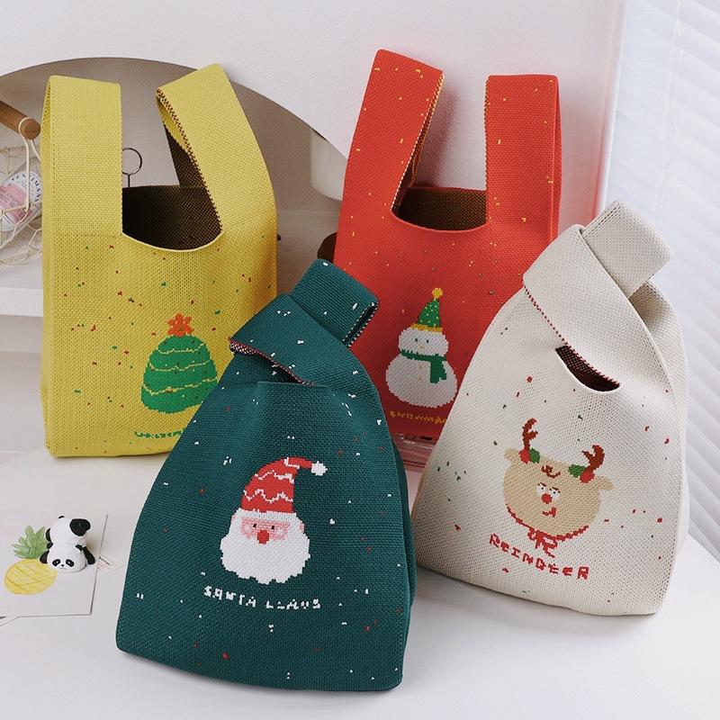 Christmas Handmade Knit Handbags Women Knot Wrist Bag Casual Small Tote Bag Girls Reusable Shopping Bags KTB