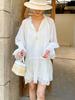 Women's Long Sleeve Elegant Tencel Linen Dress - French Southern Summer Vacation Style
