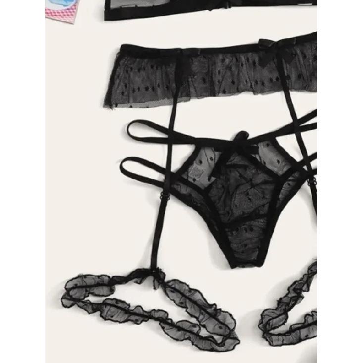 Sexy Bra Set Transparent See Through Bra and Panty Set with Garter Perspective Mesh Lace Lingerie Set Ladies Underwear Set
