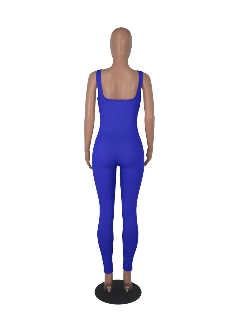 Women's Sleeveless Ribbed Slimming Bodysuit - Square Neck, Backless, Hip-Lifting Jumpsuit