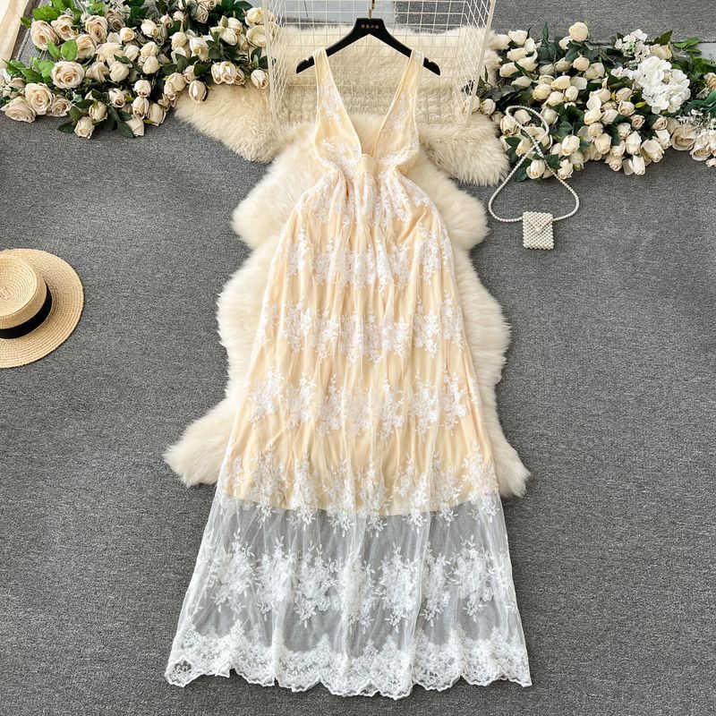 

Fancy Dress Goddess Temperament Sexy Deep V Neck Waist Slimming Long Lace Sleeveless Vest Elegant Dress Apricot M
