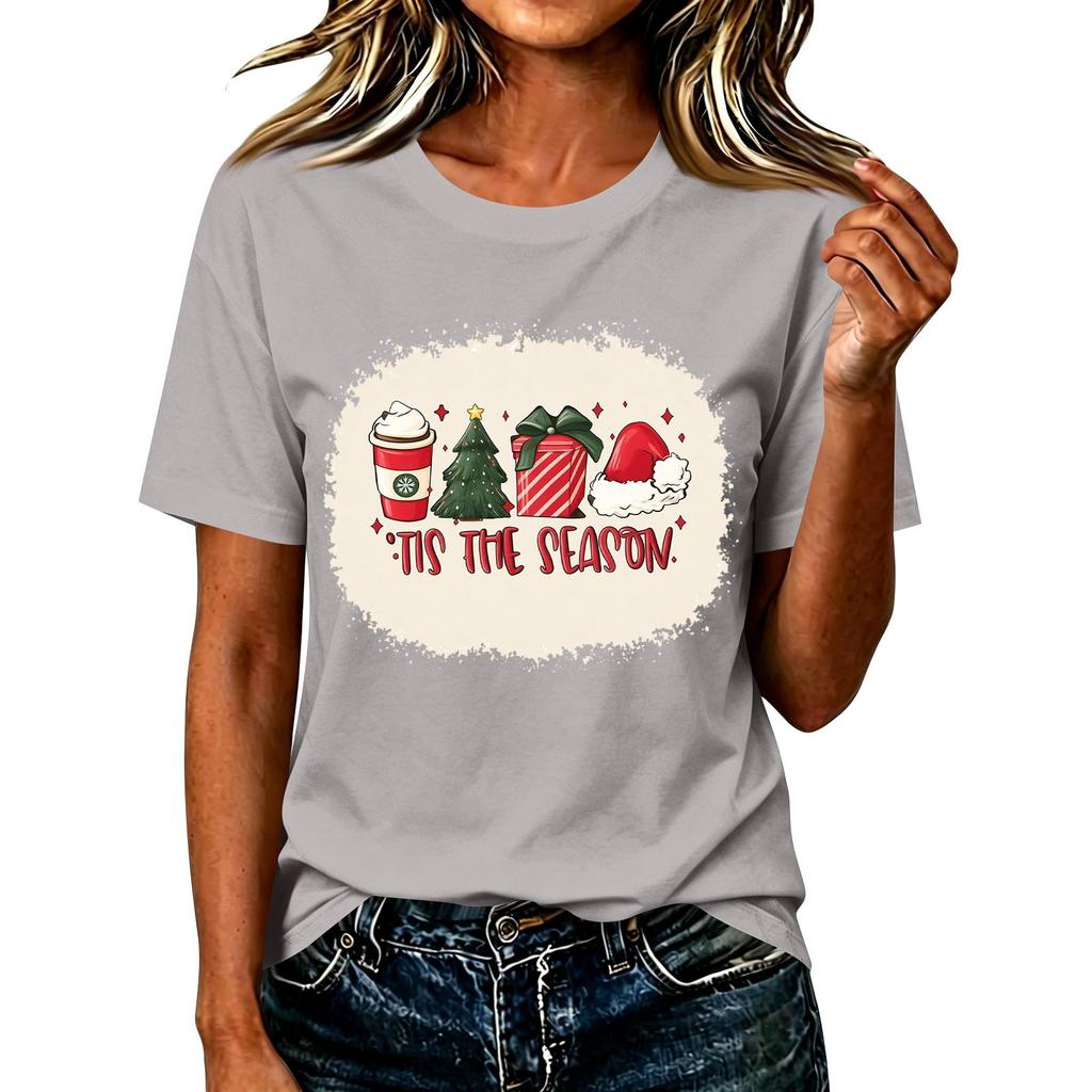 Women's Casual Christmas Print Short Sleeve T-Shirt Fashion Graphic Top for Holiday