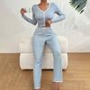 Womens Lace Trim Ribbed Knit Pajamas Set Long Sleeve Crop Top Wide Leg Pants Lounge Set 2 Piece Pjs Sleepwear