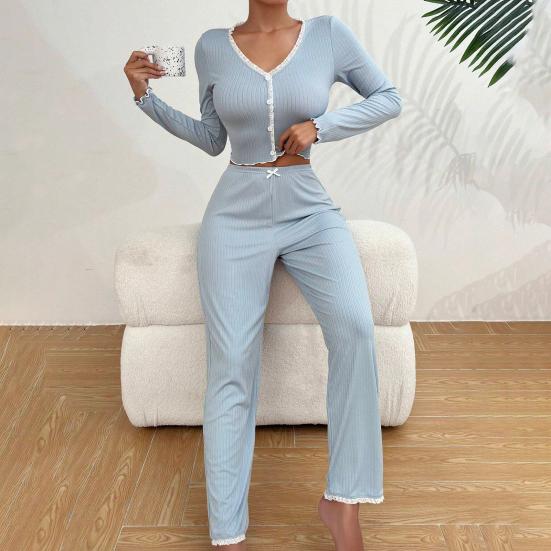 Ayollar dantelli bezakli rezinkali to'qilgan pijamalar to'plami uzun qisma qisqartirilgan top keng oyoqli shimlar dam olish to'plami 2 qismli pijama uyqu kiyimi