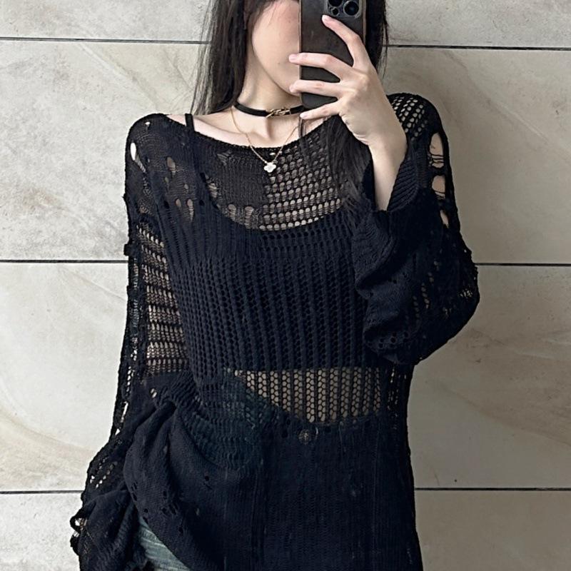 Women's Hollow Knit Blouse Summer Loose Fitting Long Sleeve Thin Sweater Casual Tops Vintage Gothic Blouses