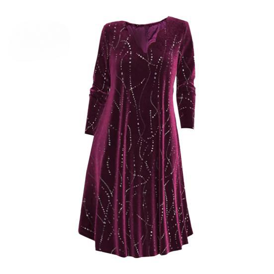 Women's Midi Dress Flower Edge V Neck Long Sleeve A Line Dress Loose Sequin Pullover Knee Length Party Dress