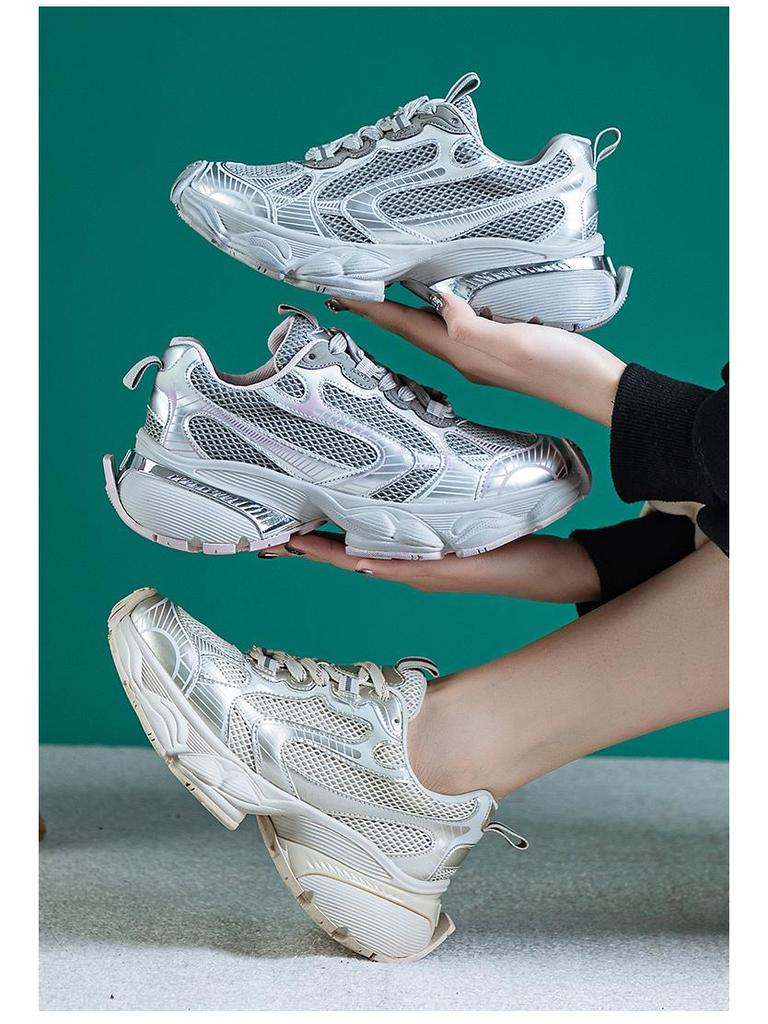 Women's 2024 Spring Fashion Height-Enhancing Breathable Mesh Dad Shoes: Versatile Soft-Soled Thick-Sole Casual Sports Footwear