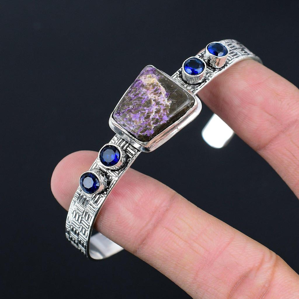 Gift For Her 925 Sterling Silver Natural Purpurite Gemstone Bangle Adjustable