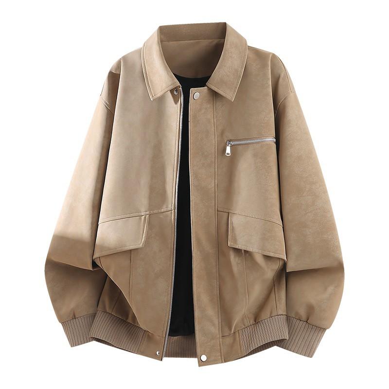 Mens Matte Tie-Dye PU Leather Jacket Loose Fit Retro Workwear Style Fall Casual Outerwear