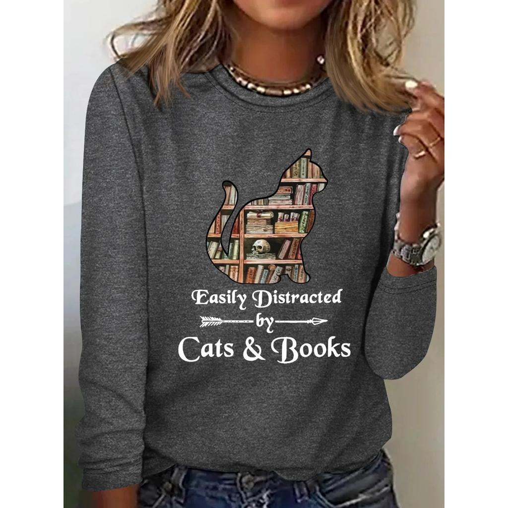 Fun Cat Print Top with Retro Artistic Style Round Neck Long Sleeved Women's T-shirts