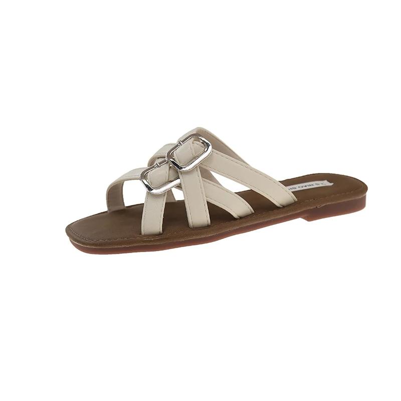 Flat Sandals Summer New Square Head Open Toe Metal Buckle Thin with Soft Sole Anti-slip Wear-resistant Slippers