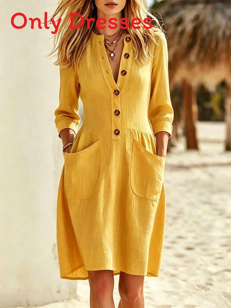 Style V Neck Button Pocket Loose Dress For Casual Travel And Outing