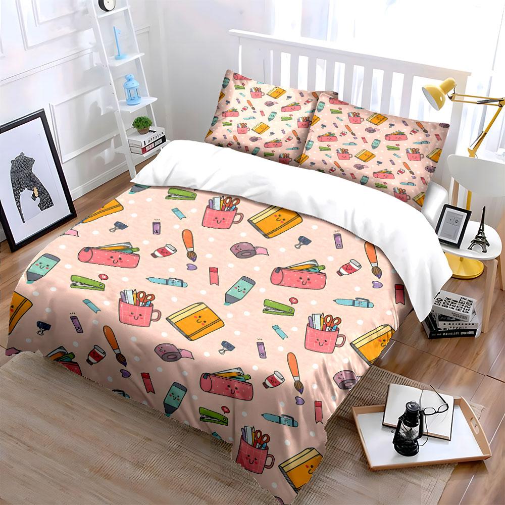 Cute Stationery Set For Students Soft Comfortable Duvet Cover Bedding Set Included 1*Duvet Cover & 2*Pillowcases, Gift