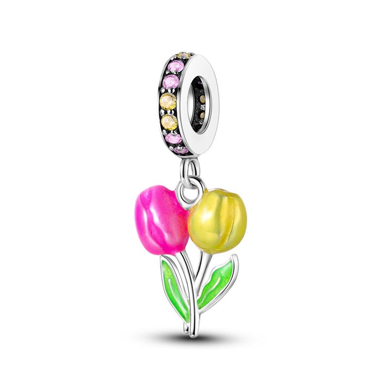 New S925 Silver Color Daisy Tulip Pansy Flower Charms Bead Fit  S925 Original Bracelets Fine DIY Jewelry Birthday Gift