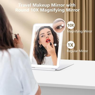 Nabíjecí zrcátko na make-up se 3 barvami světla pro cestování, kosmetické zrcátko na toaletní stolek s LED, přenosné, kompaktní, ruční s 10x zvětšením
