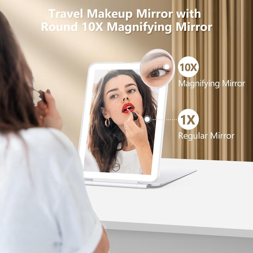 Rechargeable Makeup Mirror with 3 Color Lights for Travel, Vanity Cosmetic Mirror with LED Portable Compact Handheld with 10X