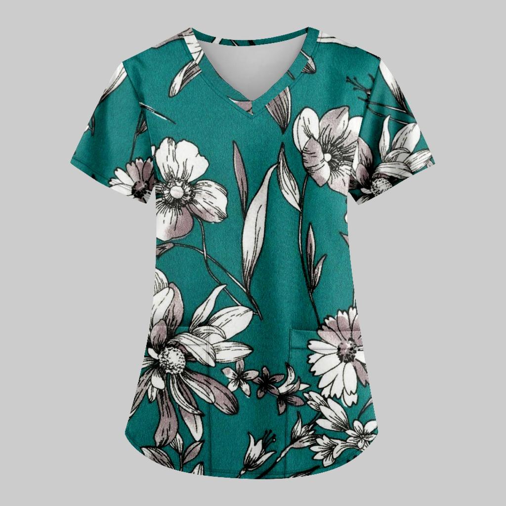 Modische bedruckte Damen-Arbeitsuniform mit Taschen-T-Shirt, kurzärmeliges Oberteil