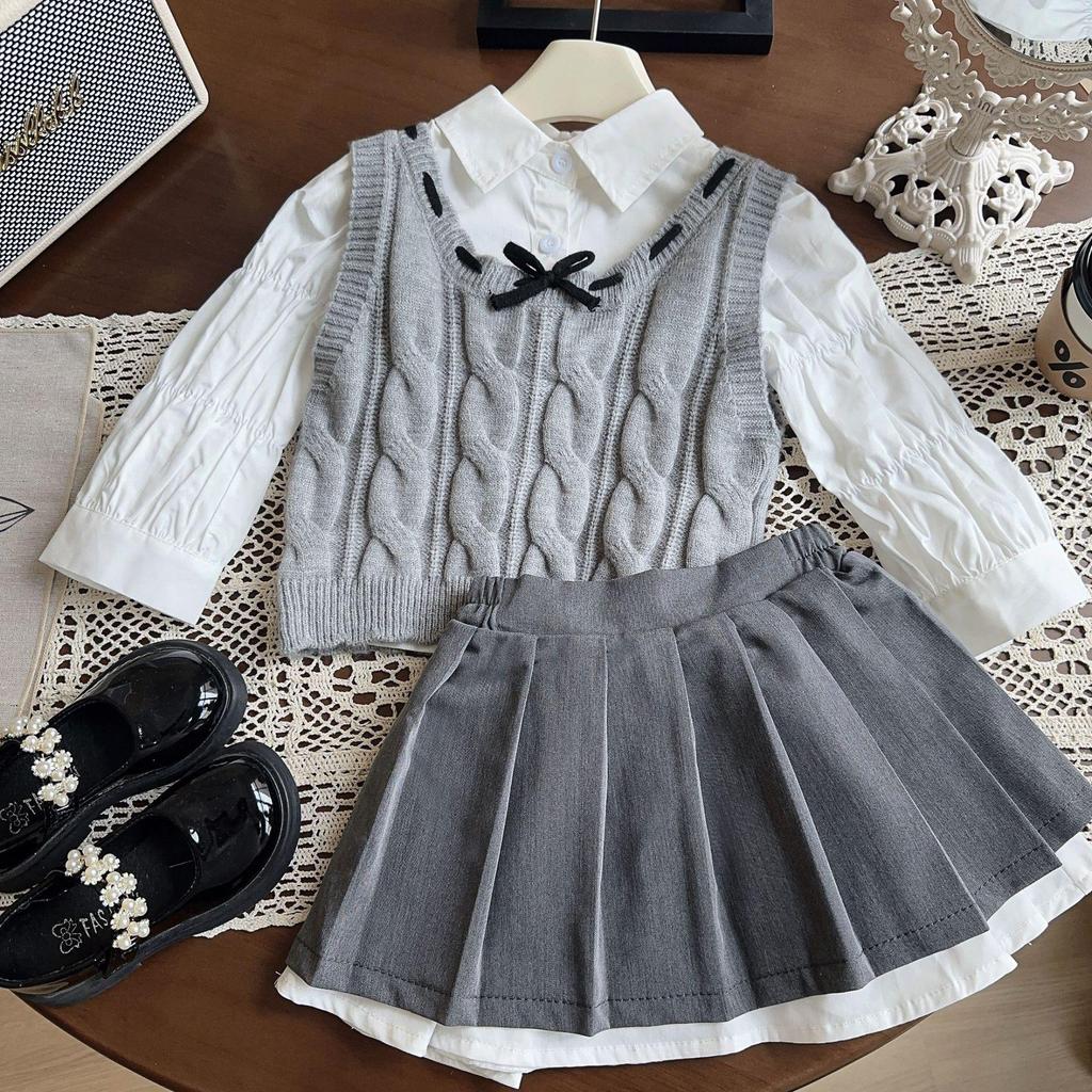 Girls' Autumn Sweater Vest, Shirt & Pleated Skirt Set (AQA063-AQA065)