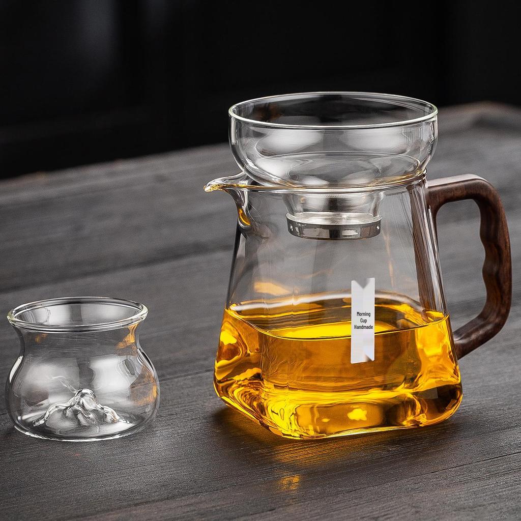 Wooden Handle Glass Gong Dao Bei: High-Temperature Resistant, Thickened Filter Tea Infuser Cup Set