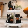 Spooky Table Decorations 3Pcs Halloween Decoration Black Cat Ghost Witch Hat Decor Centerpiece Rustic Farmhouse Wooden Centerpieces for Home Office