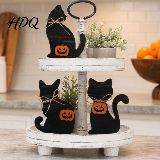 Spooky Table Decorations 3Pcs Halloween Decoration Black Cat Ghost Witch Hat Decor Centerpiece Rustic Farmhouse Wooden Centerpieces for Home Office