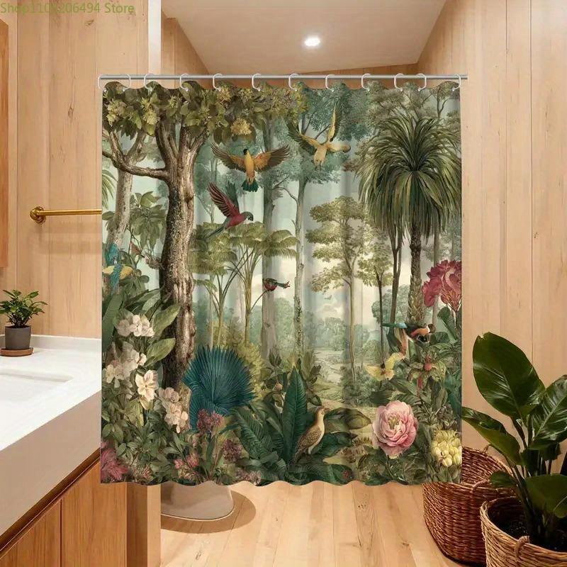 A Shower Curtain Featuring Tropical Plants, Perfect For Enjoying Nature, Includes 12 Hooks, Measuring 180*180Cm For Home Decor