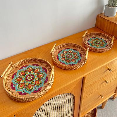 1Pc Nordic Style Rattan Handmade Creative Color Printing Picnic Decoration Ornaments Round Handle Breakfast Tray