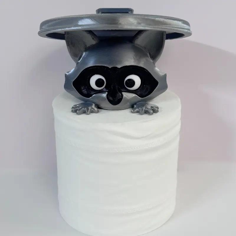1Pc Adorable 3D Printed Raccoon Toilet Roll Paper Holder Decoration White Plastic Playful Bathroom Decor Tissue Holder with Lid
