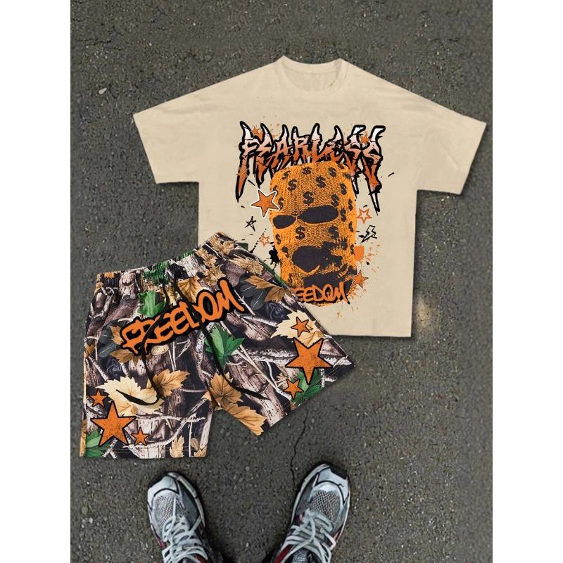 

Men s Summer T-Shirt Short-Sleeve Shorts Casual Set Fearless Personalized T-Shirt + Freedom Camouflage Shorts Set, New Street Fashion Trend S