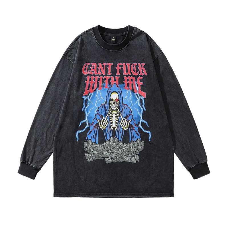 American Retro Printed Long-Sleeved T-Shirt Ins High Street Trendy Brand Washed Old Men'S Oversize Bottoming Top