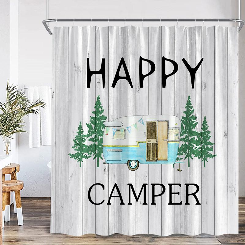 Vintage Camping Shower Curtains Abstract Mountain Camper Forest Scenery Polyester Fabric Home Bathroom Curtain Decor with Hooks