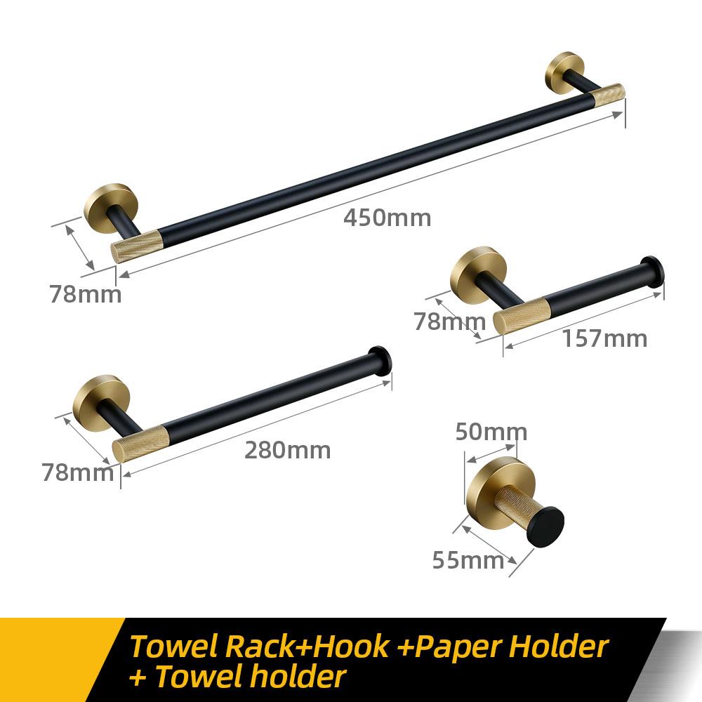Towel Rack Wall Mounted Towel Rack Brushed Gold Paper Holder& Matte Black Hook Knurled and Combined Colors Toilet Brush Holder